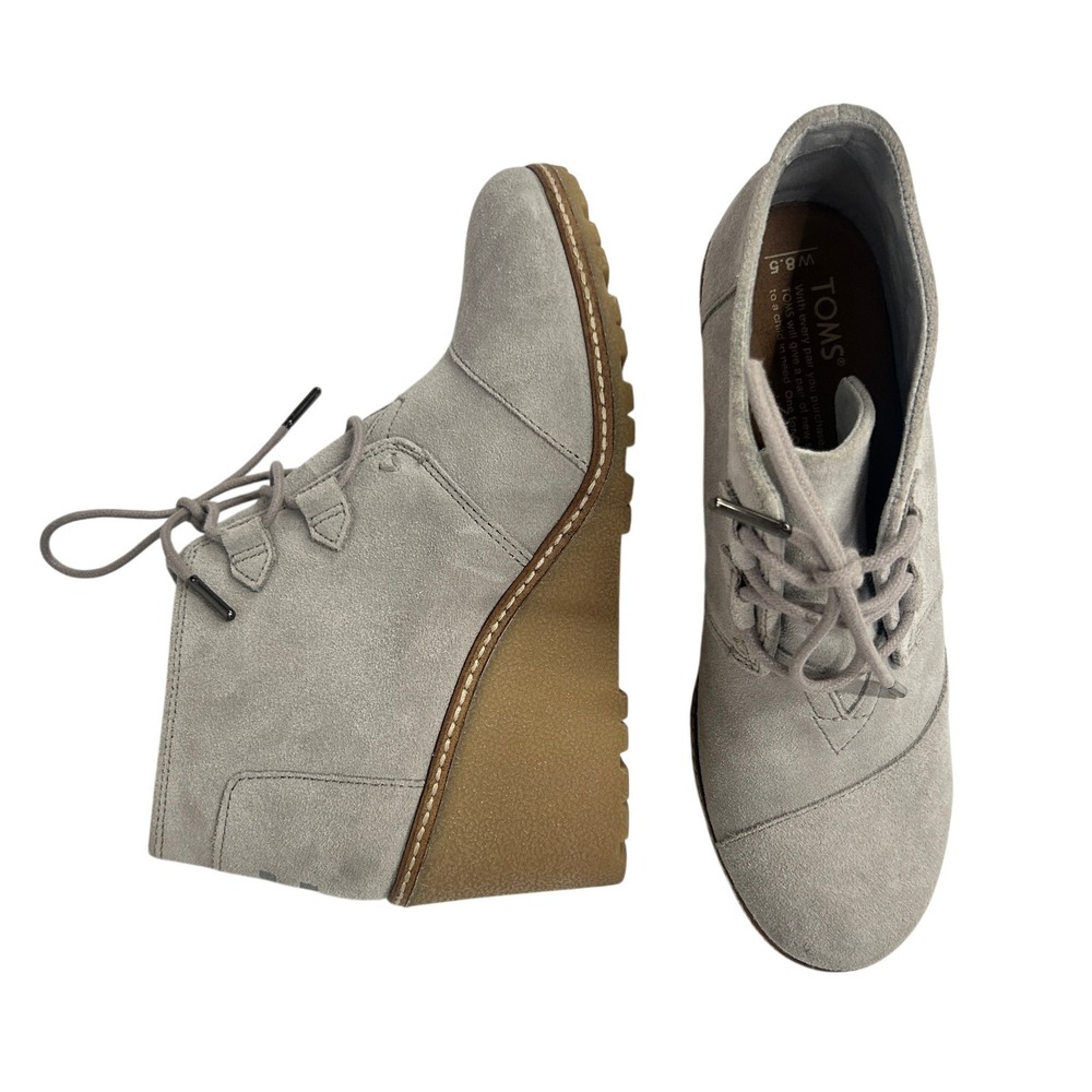 TOMS Kala Wedge Booties‎ Suede Lace Up Ankle Boots 8.5 Grey Boho Minimalist